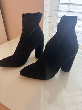 Black Suede Pointed Toe Block Heel Ankle Boots